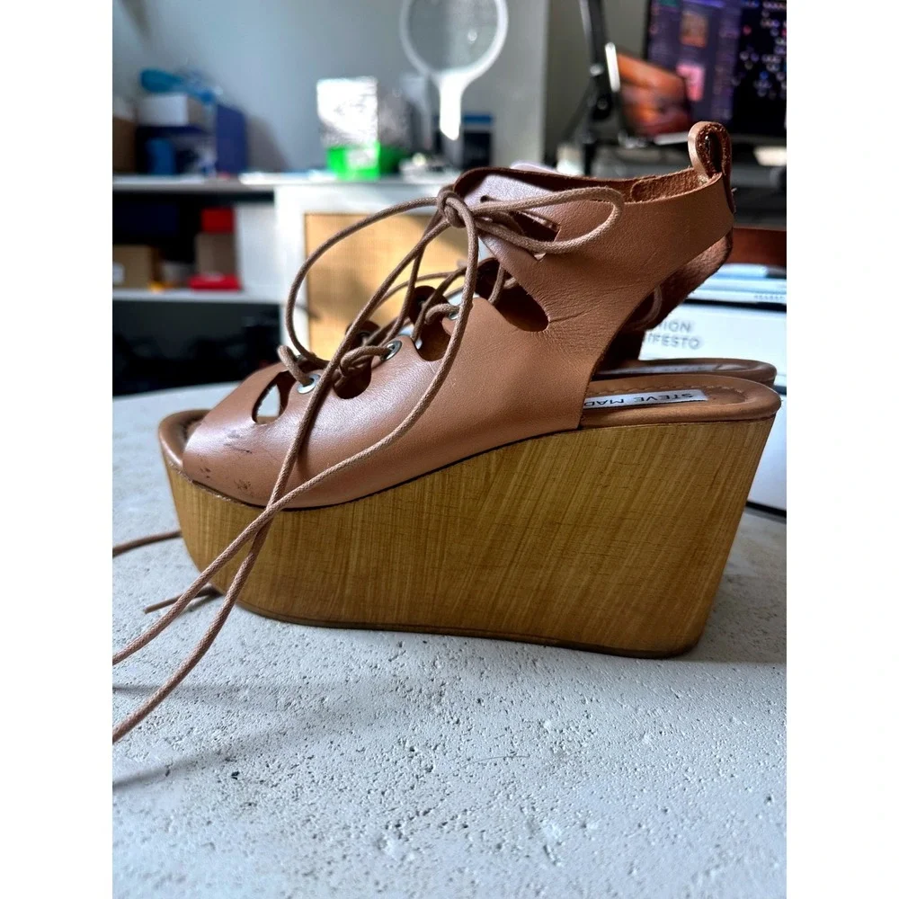 Steve Madden Tan Leather Lace Up Buxton Platform Wedge Sandals Wood Boho Heel 37